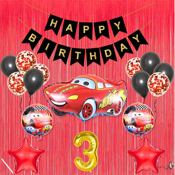 3Rd Car Theme Happy Birthday Banner Decoration Black For 3 Year Old Baby Boys Girls Kids 5 Pc Lightning Macqueen Theme 10 Pc Con