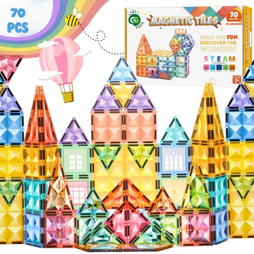 Gg Toys Magnetic Tiles For Kids - 70 Pcs Crystal Fortress Castle, Strong Magnet Blocks, 3D Stem Montessori Building Toys, Sensor