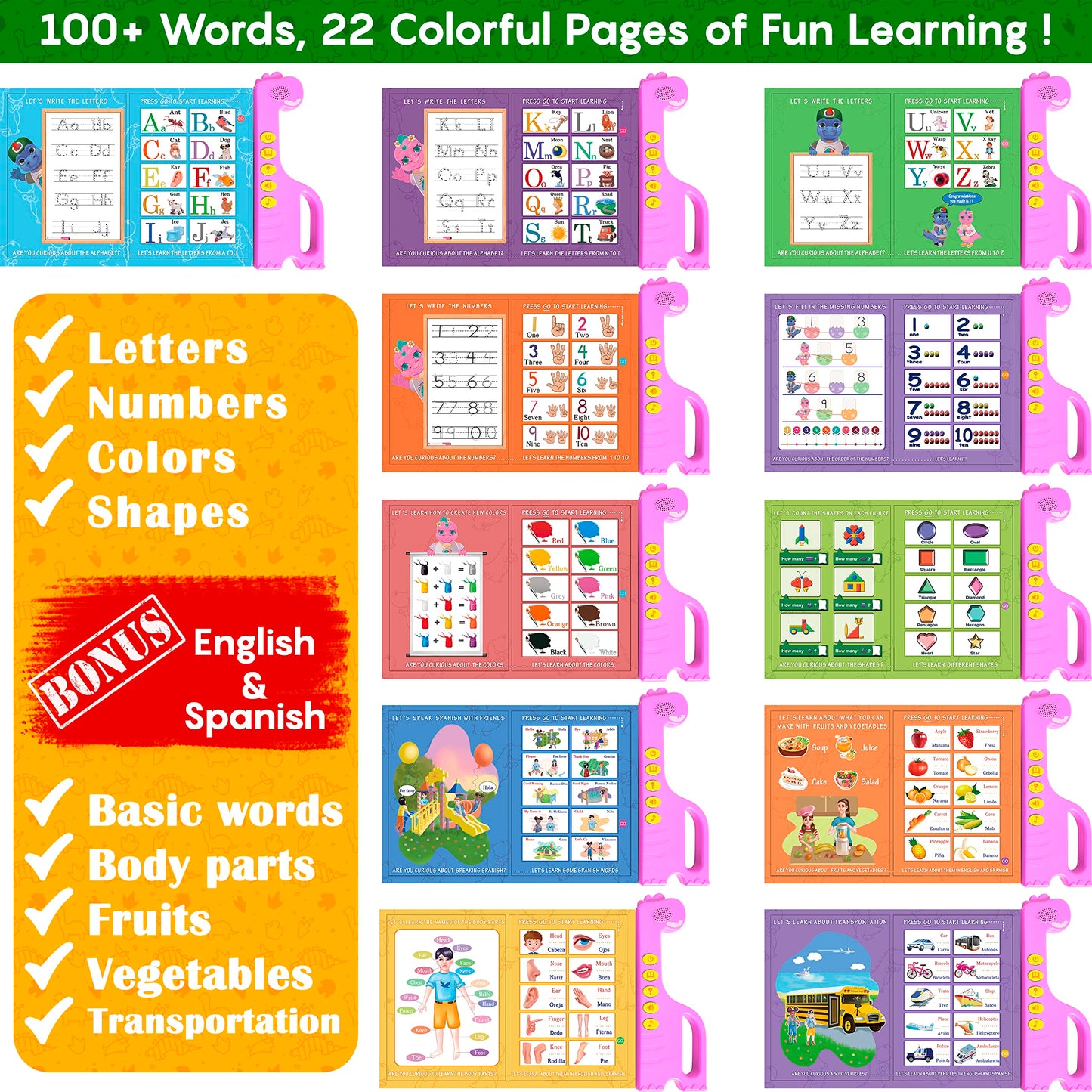 Curious 2 Learn Abc Learning For Toddlers, Busy Book, Speech Therapy, Alphabet Sound Book, Preschool Learning Activities, Letter Tracing, English & Spanish, Educational Toys - Age 3+ Girls / Boys