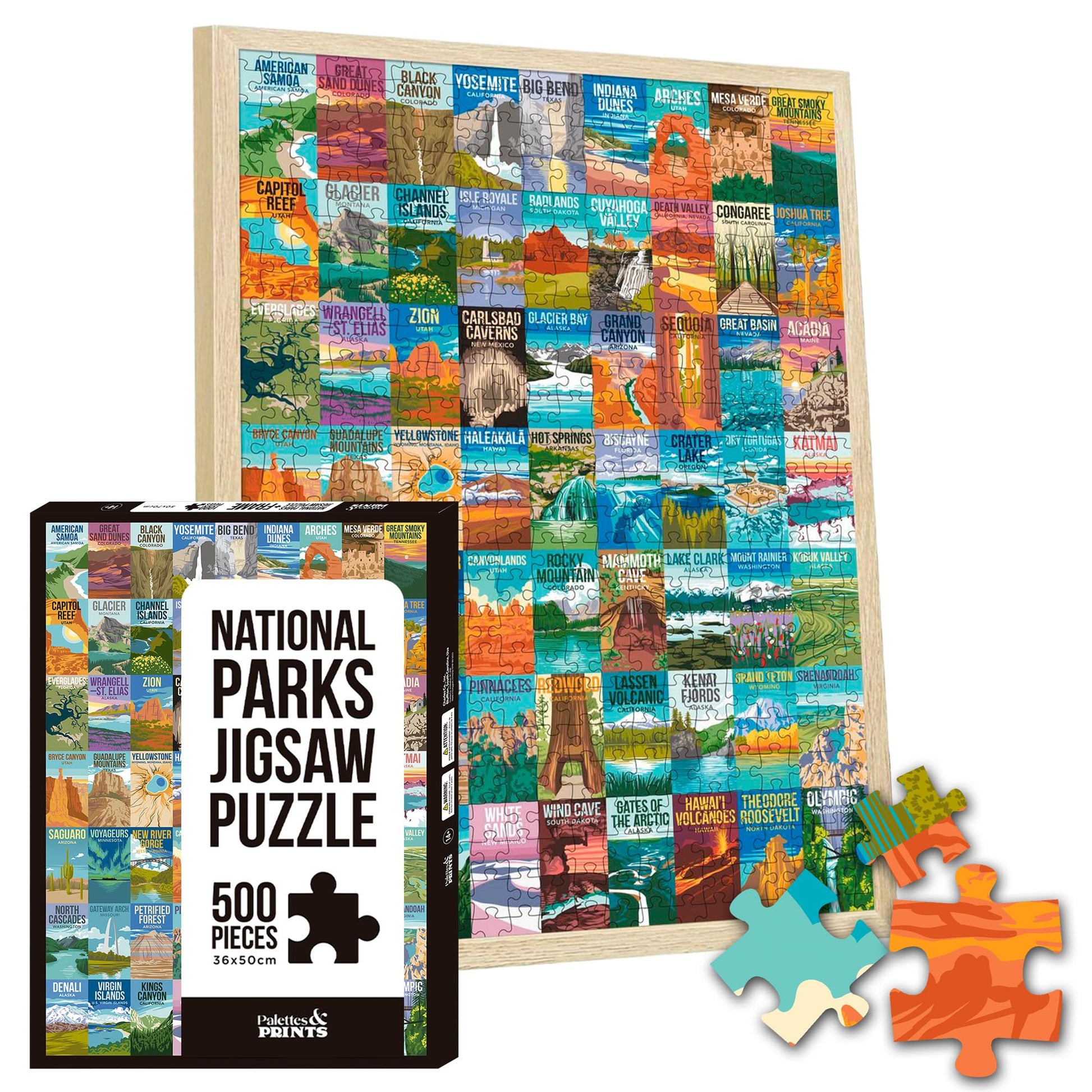 National Parks Puzzle for Adults 500 Pieces, Hand-Drawn Illustrations of National Parks, Zion, Yellowstone, Yosemite, Beautiful 