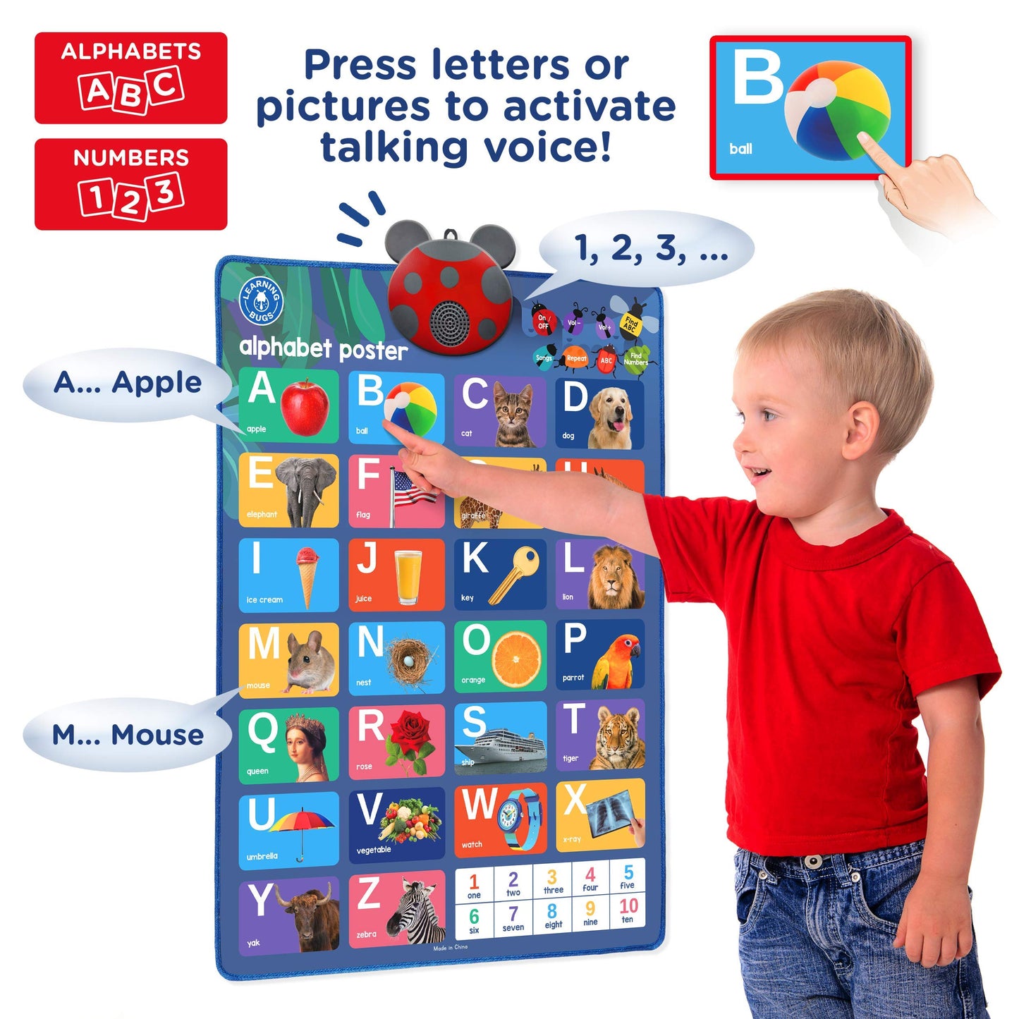 LEARNING BUGS Interactive ABC & 123s Talking Poster - Large Musical Wall Chart Educational Toy for Toddlers, Multicolor
