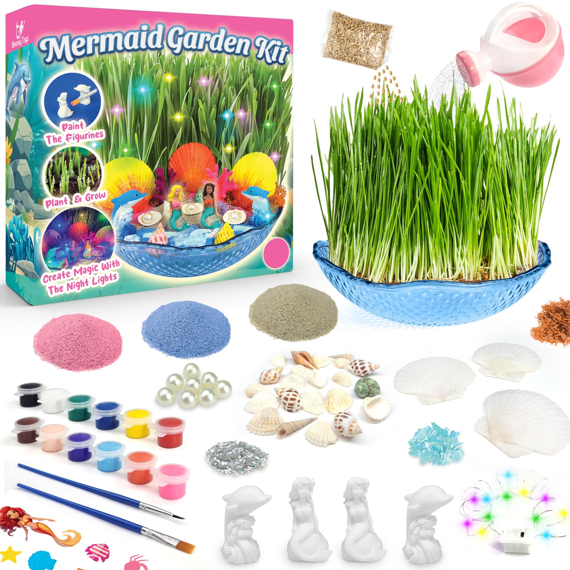 BLOONSY Mermaid Fairy Garden Kit for Kids | Light Up Terrarium Kit | Mermaid Gifts Toys for Girls | Science STEM Arts and Crafts