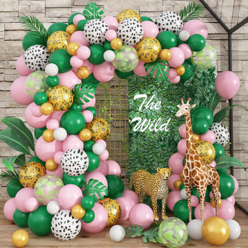 Safari Pink Balloon Garland Kit, Dark Green Pink White Cow Gold Leopard Animal Print Jungle Balloon Arch With Turtle Leaves For