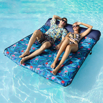 Finduwill Ultra Comfort Pool Floats Raft - 77'' Full Size Fabric Covered Inflatable Pool Lounger Mattress With Pillow For 2 Pers
