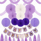 First Birthday Decoration Set Gold Cake Topper ''One'', Purple Banner Fiesta Hanging Paper Fan Flower Bundle With Purple Happy B
