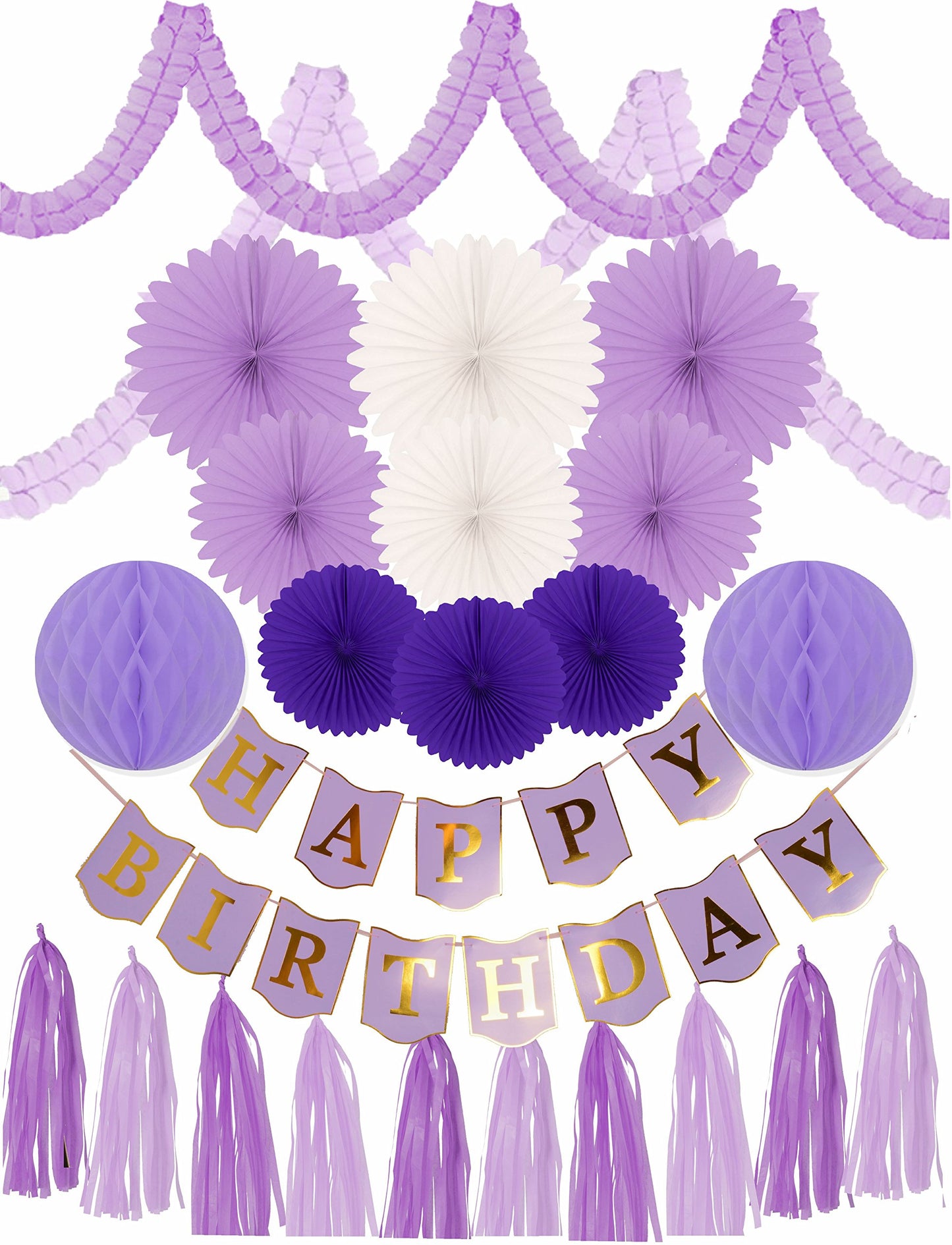 First Birthday Decoration Set Gold Cake Topper ''One'', Purple Banner Fiesta Hanging Paper Fan Flower Bundle With Purple Happy B