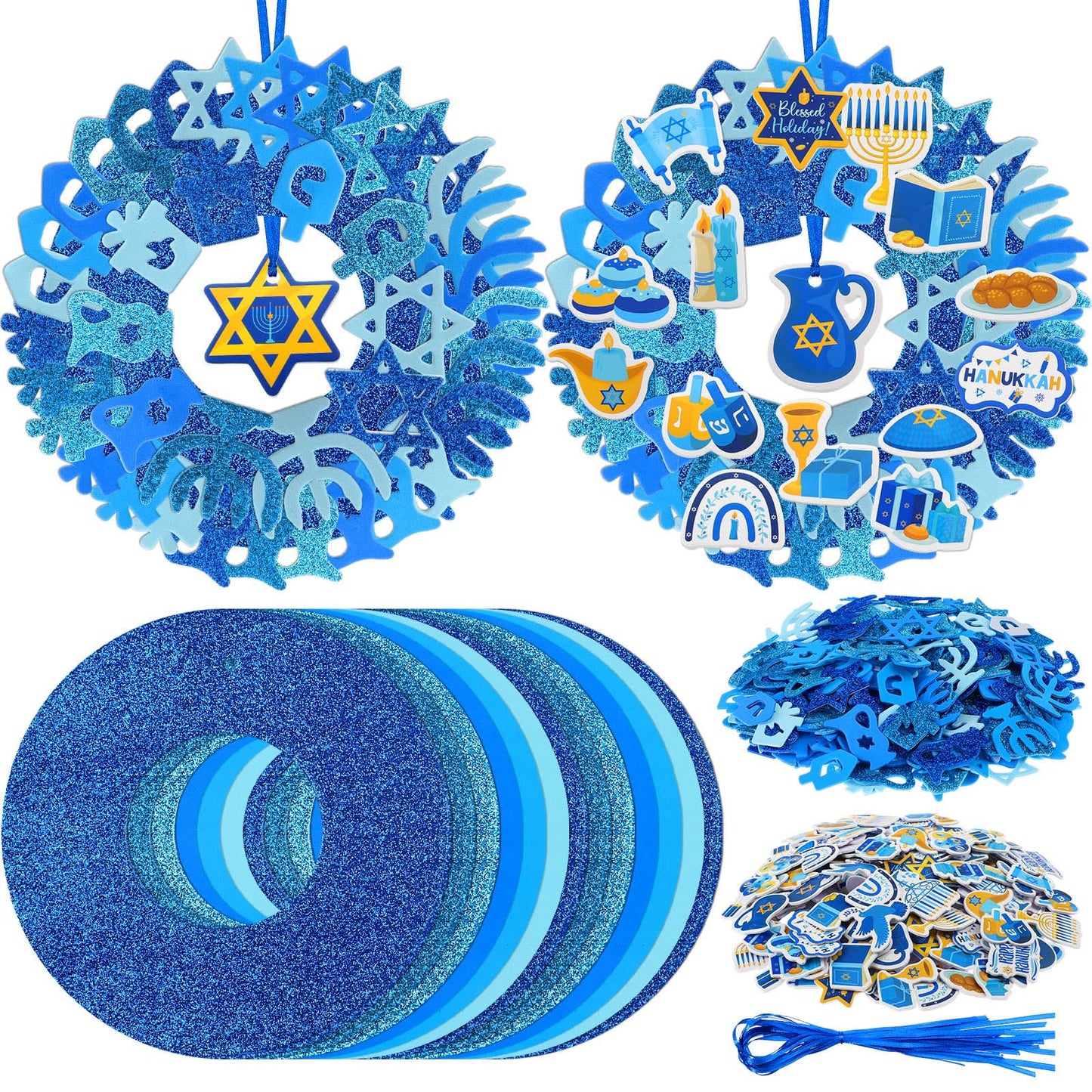 Yeaqee 448 Pcs Hanukkah Foam Stickers Set Chanuka Wreath Decorations Self Adhesive Glitter Menorahs Candles Hexagram Star Shape 