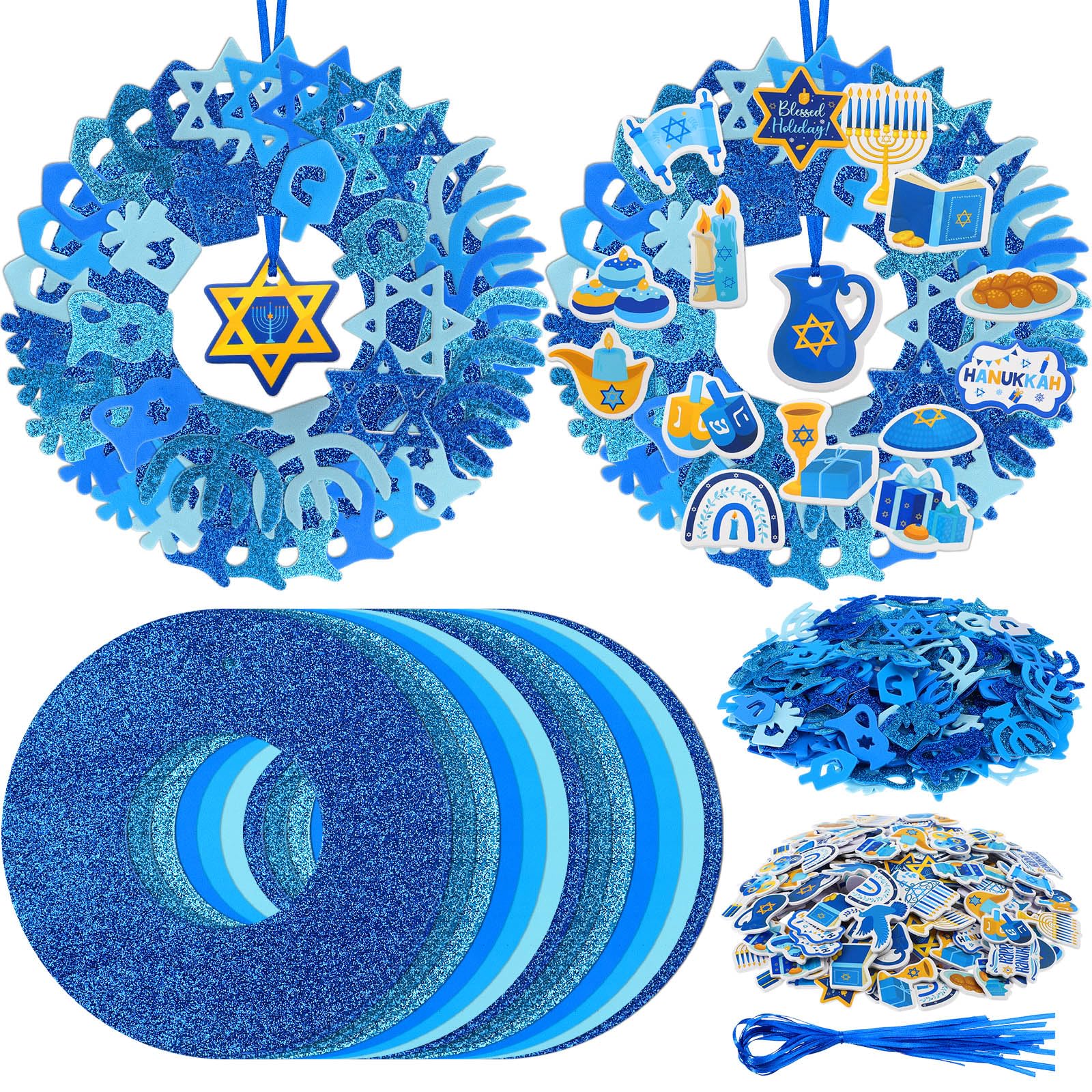 Yeaqee 448 Pcs Hanukkah Foam Stickers Set Chanuka Wreath Decorations Self Adhesive Glitter Menorahs Candles Hexagram Star Shape 