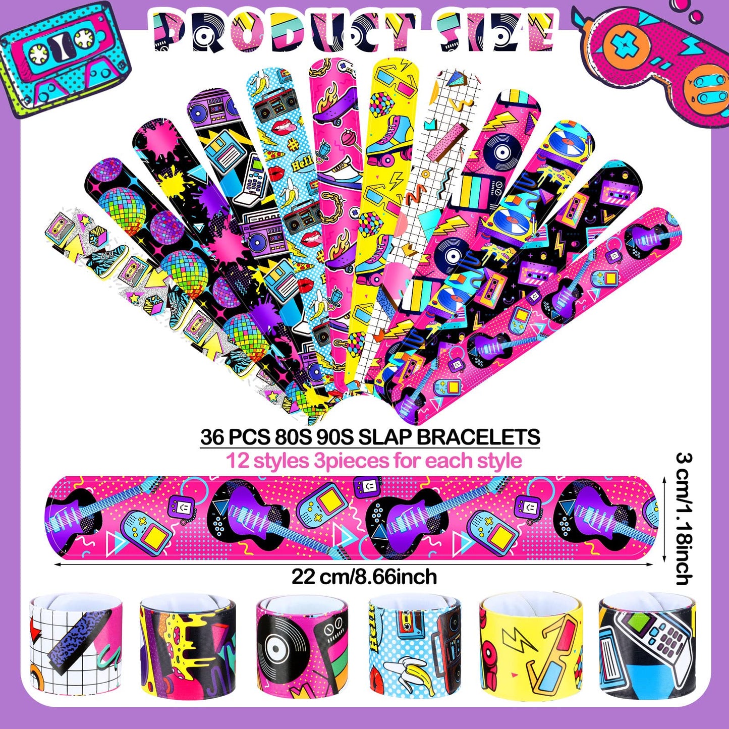 Sinmoe 86 Pcs 80s 90s Party Favors Slap Bracelets Bulk Back to 80s 90s Throwback Theme Party Favors Snap Bracelets Bracelets wit