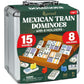 Queensell Mexican Train Dominoes Set Double 15 With 8 Holders - Wooden Hub And Tiles Holders - Double 15 With Dots (D15 + 8 Hold