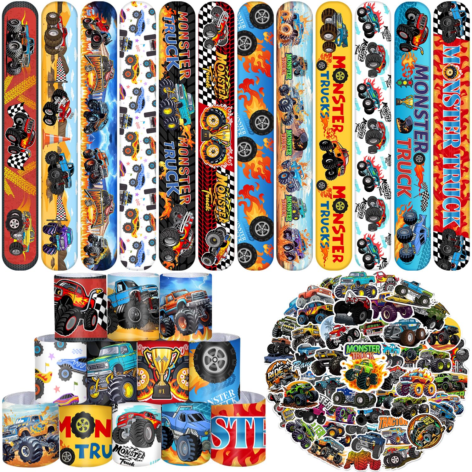 YYMYMGJ Monster Truck Party Favors, 24 Pcs Monster Truck Slap Bracelets 50 Pcs Monster Truck Stickers Monster Truck Birthday Par