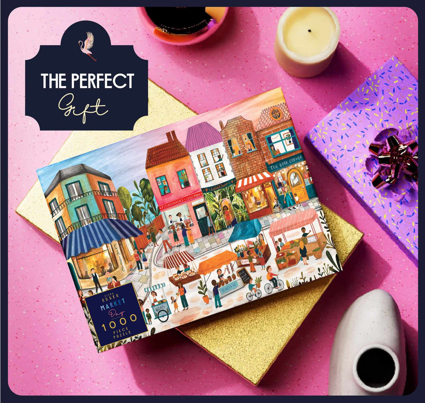 Elena Essex Puzzles 1000 Pieces - Market Day  Puzzles for mature-themeds 1000 Pieces  Summer Landscape Shops Village Town Scene Puzzle  Size 28 x 20 inches