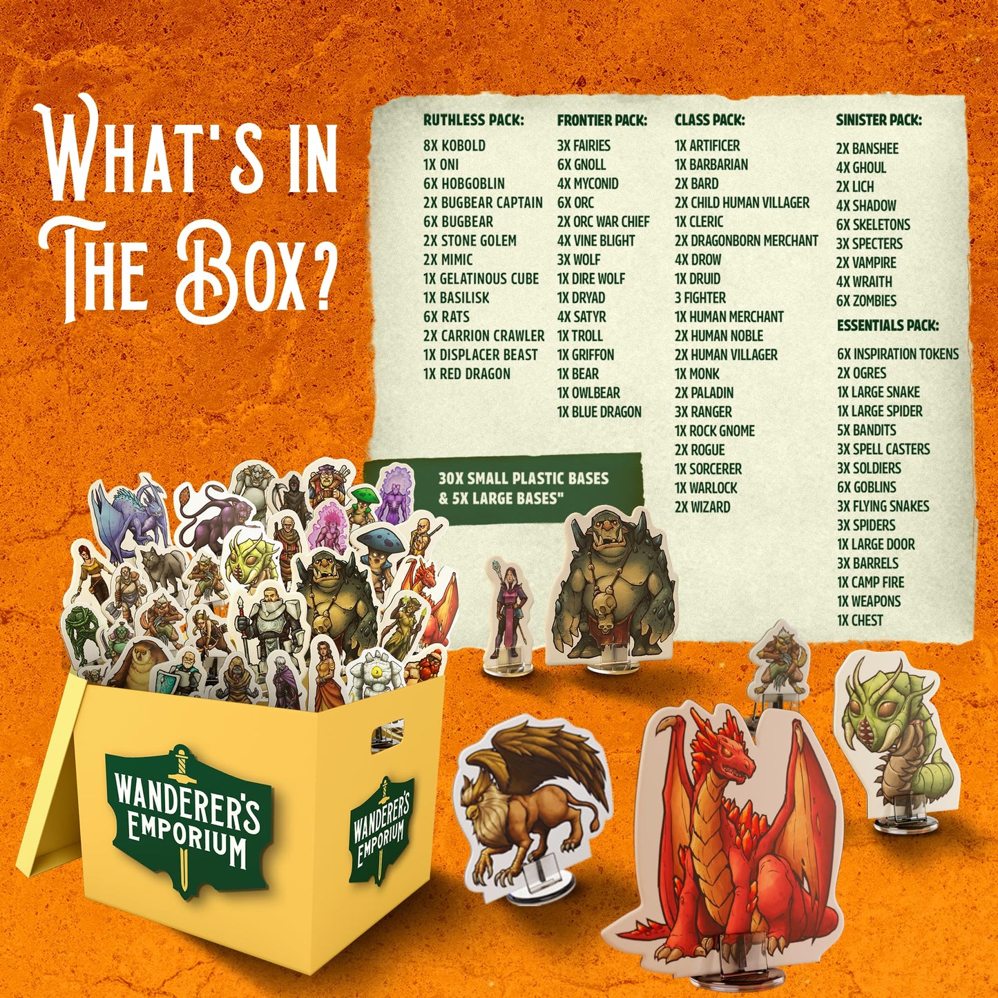 Wanderers Emporium DND Miniatures Starter Set - Hard Flat Minis with Bases, 28mm-32mm Scale, Cardboard, Ideal for Dungeons and Dragons 5e