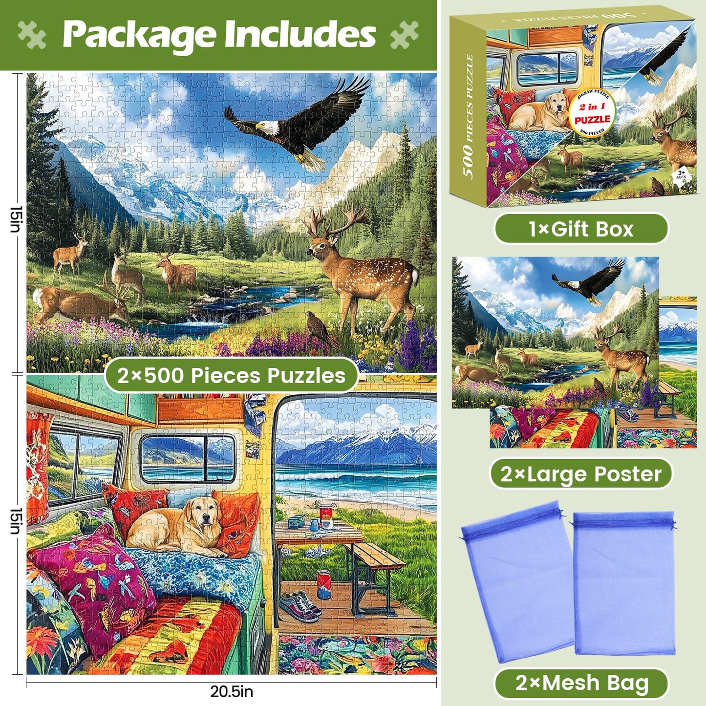 2 Pack 500 Pieces Puzzle for mature-themeds Grassland Snow Mountain Scenery Puzzles Deer Jigsaw Puzzles 500 Pieces RV Travel Puzzles 500 Piece mature-themed Puzzle Challenging Family Activity Great Gift