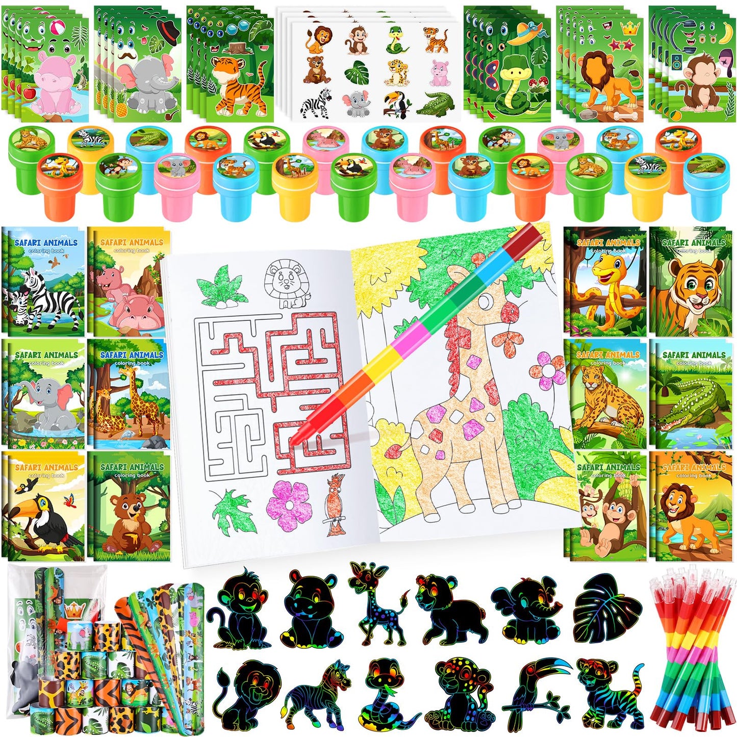 BenLouis 96Pcs Jungle Safari Party Favors Zoo Animals Coloring Books Crayons Sticker Stampers Slap Bracelets Set Bulk Classroom 
