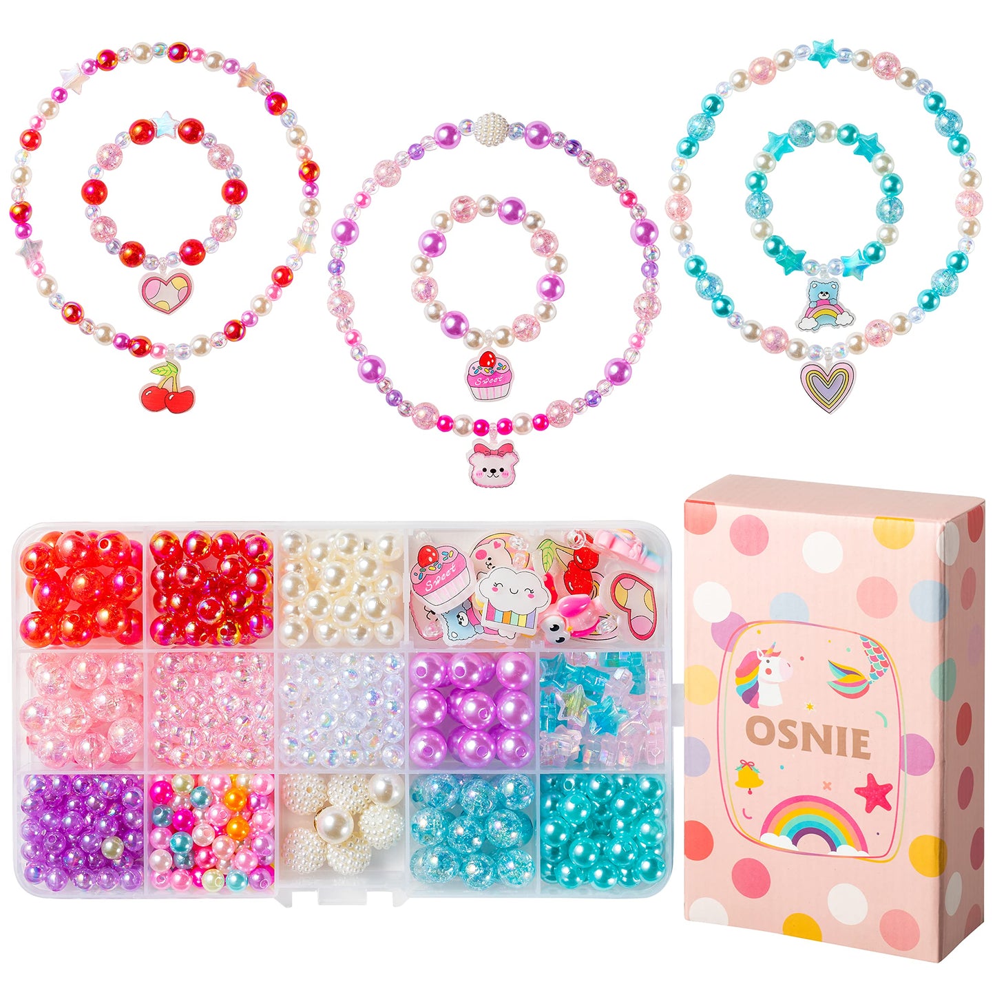 Osnie Valentin'S Day Acrylic Diy Bead - Jewelry Making Kit With 400+ Beads & Charms, Heart Cherry Cupcake Cloud Pendants Creative Children Bracelets Necklaces Rings Diy Making Art Craft Bead Kit