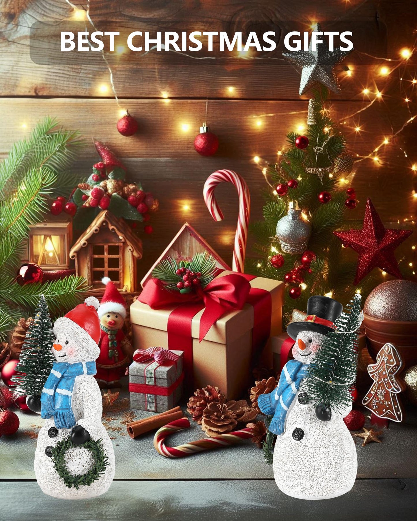 Gognome Duo 5'' Resin Snowman Figurines With Lighted Christmas Tree Wreath - Christmas Decorations Indoor Snowman Decor Ornament