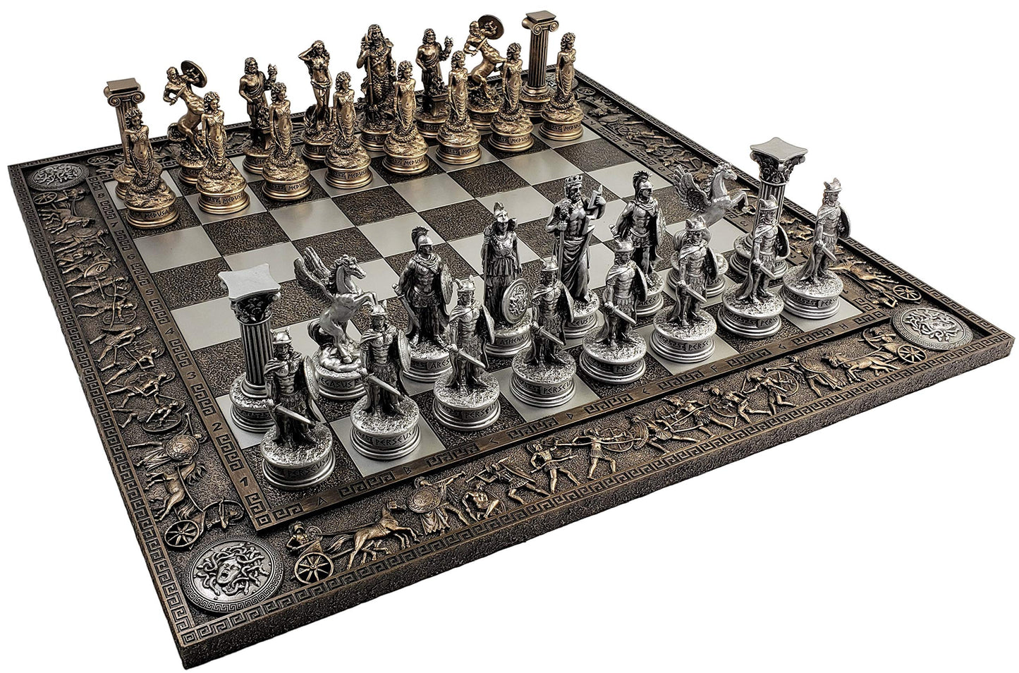 HPL Greek Mythology Chess Set - Zeus vs Poseidon - 17" Bronze Color Board - Pewter & Resin Pieces