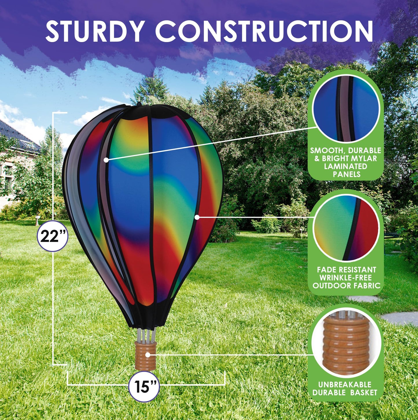 Hot Air Balloon Hanging Garden Spinner 22' - Vibrant Wavy Gradient Design, Weather-Resistant Outdoor Decor, Durable & Lightweight For Patios, Yards, And Gardens - Eye-Catching Wind Spinner