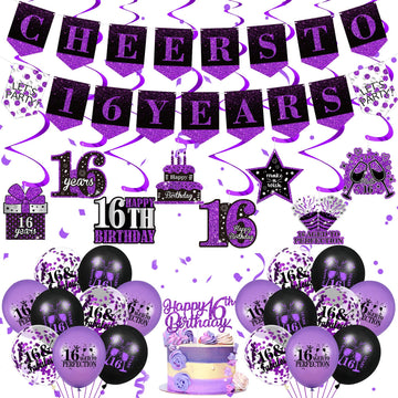 Purple 16Th Birthday Decorations For Girls Boys Purple Black 16Th Birthday Banner Hanging Swirls 16Th Birthday Balloons Happy 16Th Birthday Cake Topper For Purple Cheer To 16 Years Party Supplies