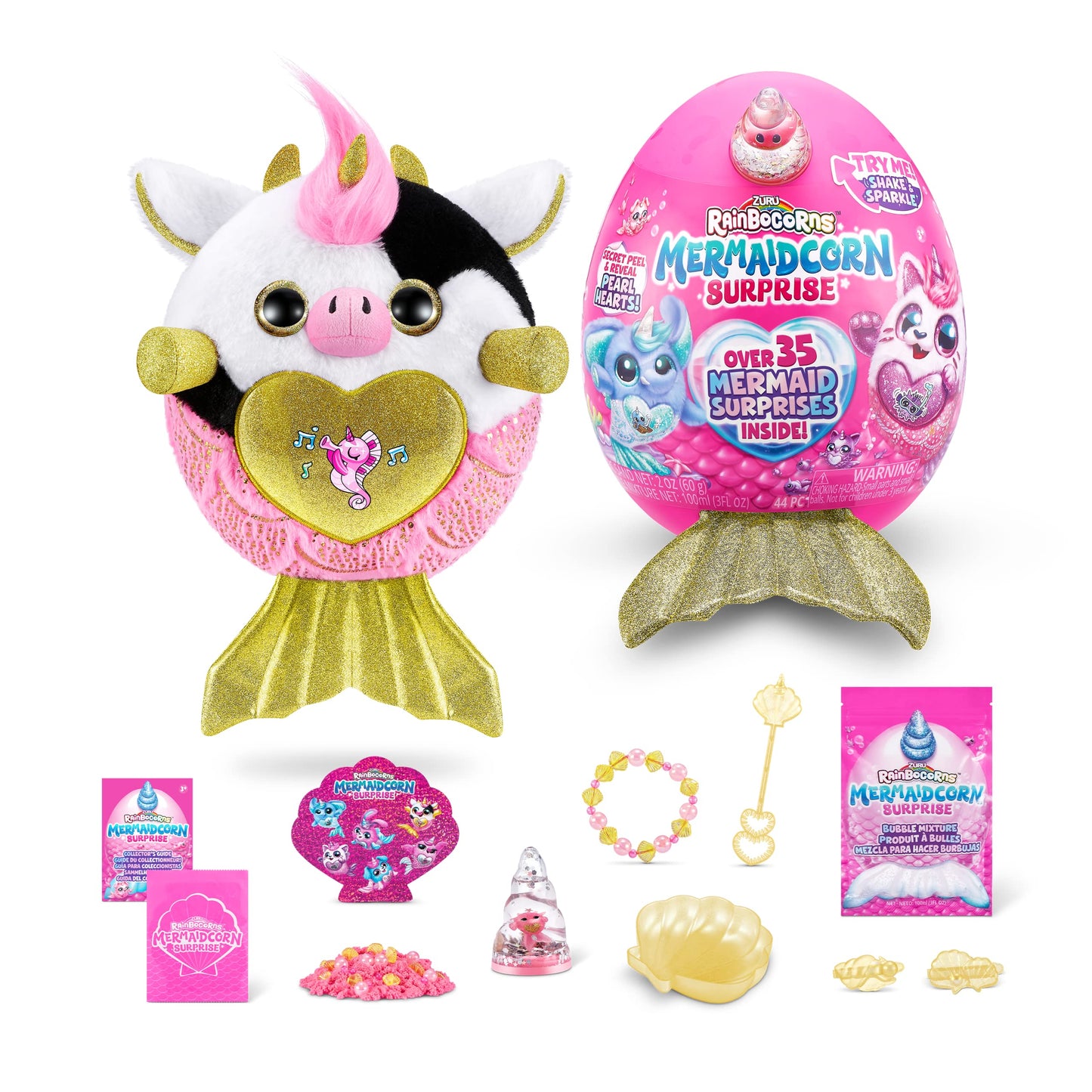 Rainbocorns Mermaidcorn Cow Plush - Collectible Stuffed Animal with Surprises, Stickers, Magic Sands & Bubble Mixture for Girls 3+ Up