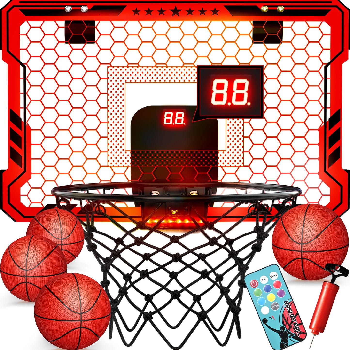 Ropoda Indoor Basketball Hoop, Mini Hoop With 7 Led Lights, 3 Modes Scoreboard, Mini Hoop With 4 Balls Over The Door, Basketball