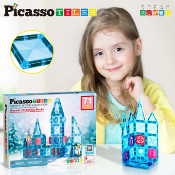 Picassotiles 71Pc Mini Diamond Series Winter Ice Theme Magnetic Tile Building Blocks 2 Character Action Figures Travel Size On-T