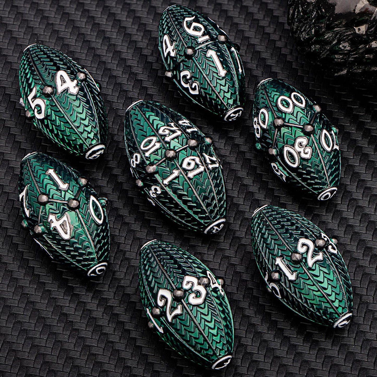 Aruohha Dnd Metal Dice Black Green Dragon Egg Dice With Metal Box, Role Playing Game Rpg Polyhedral D And D Dice Set D20 D12 D10