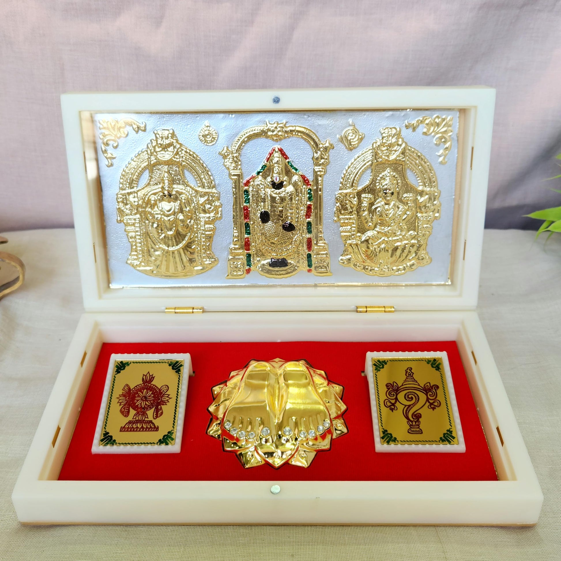 ARNAVIRA Tirupati Balaji Gold Plated Photo Frame with Charan Paduka Pocket Temple for House Warming Gifts Return Gift Diwali Gif