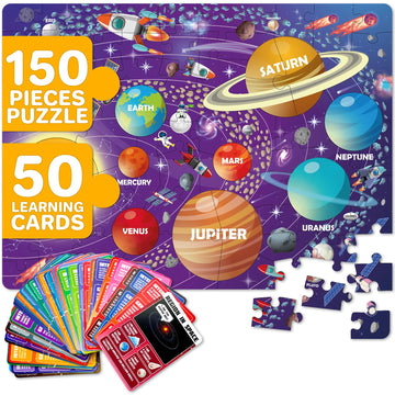 Quokka Puzzles For Kids Ages 8-10 - 150 Pcs Jigsaw Puzzles For 6-8 Year Olds - 400+ Facts On 50 Double-Sided Flashcards | Learn Space | Education Activity Gift - Shaped Puzzles For Toddlers 4-6