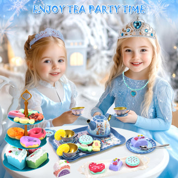 Motiloo Tea Party Set for Little Girls, 58Pcs Princess Tea Set Play Kitchen Toy with Dessert, Doughnut, Carrying Case for Birthd