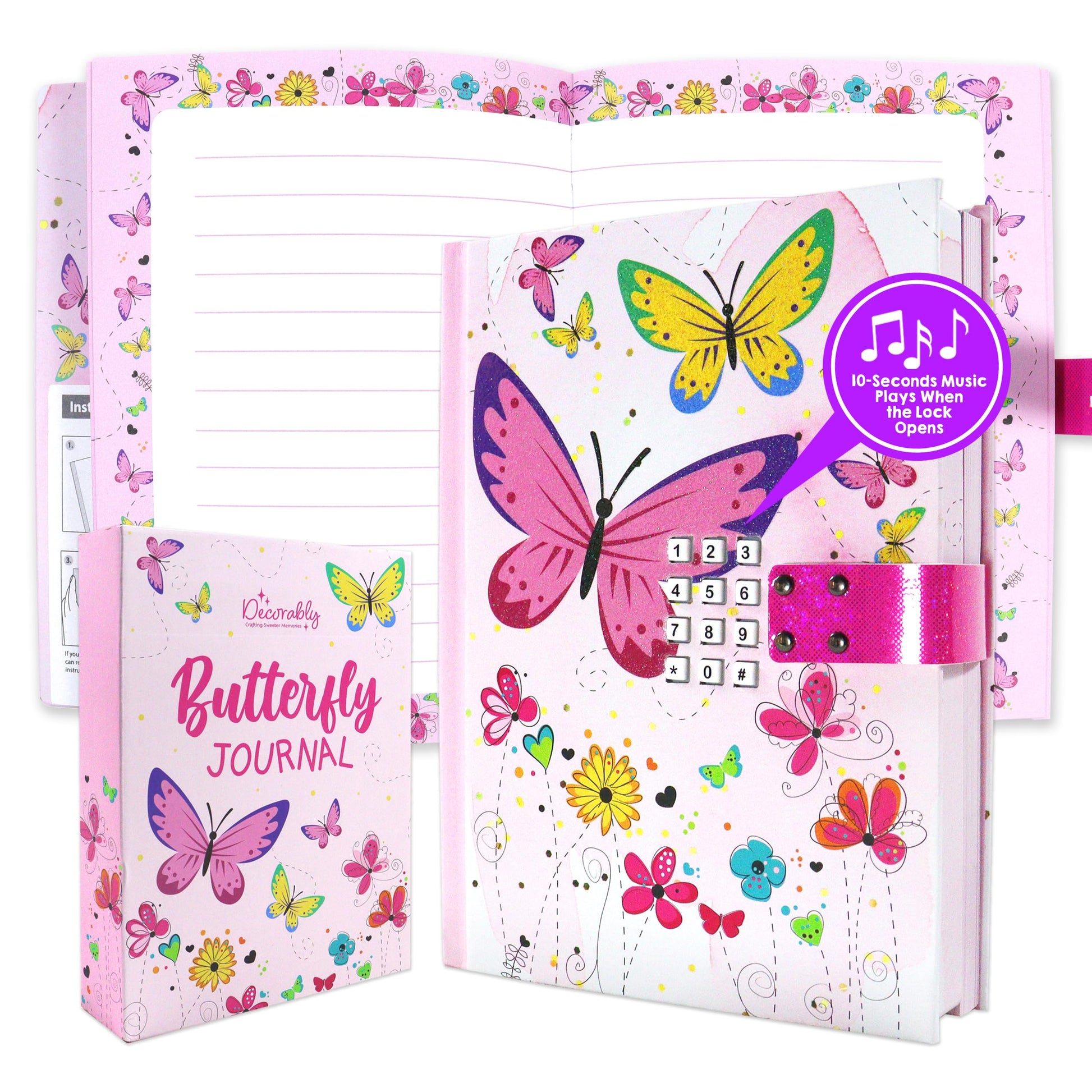 Decorably Glittery A5 Butterfly Diaries For Kids With Lock Code And Music, 80 Sheets Journal For Girls Ages 8-12, Little Girls D