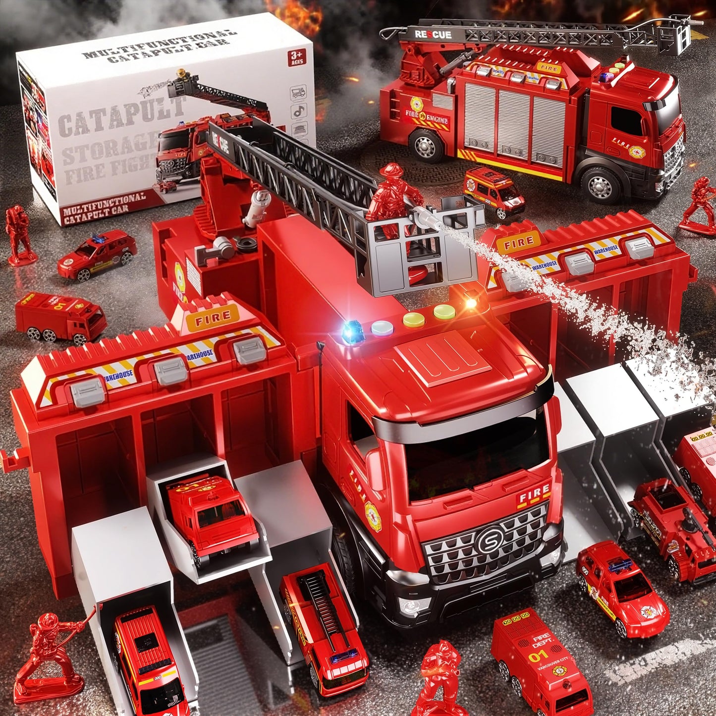 Fire Truck Toys for 3 4 5 6 Years Old Boys - 17.7 Extendable Ladder Big Truck with Water Spray, 12 Figures & 6 Alloy Cars, 180 T