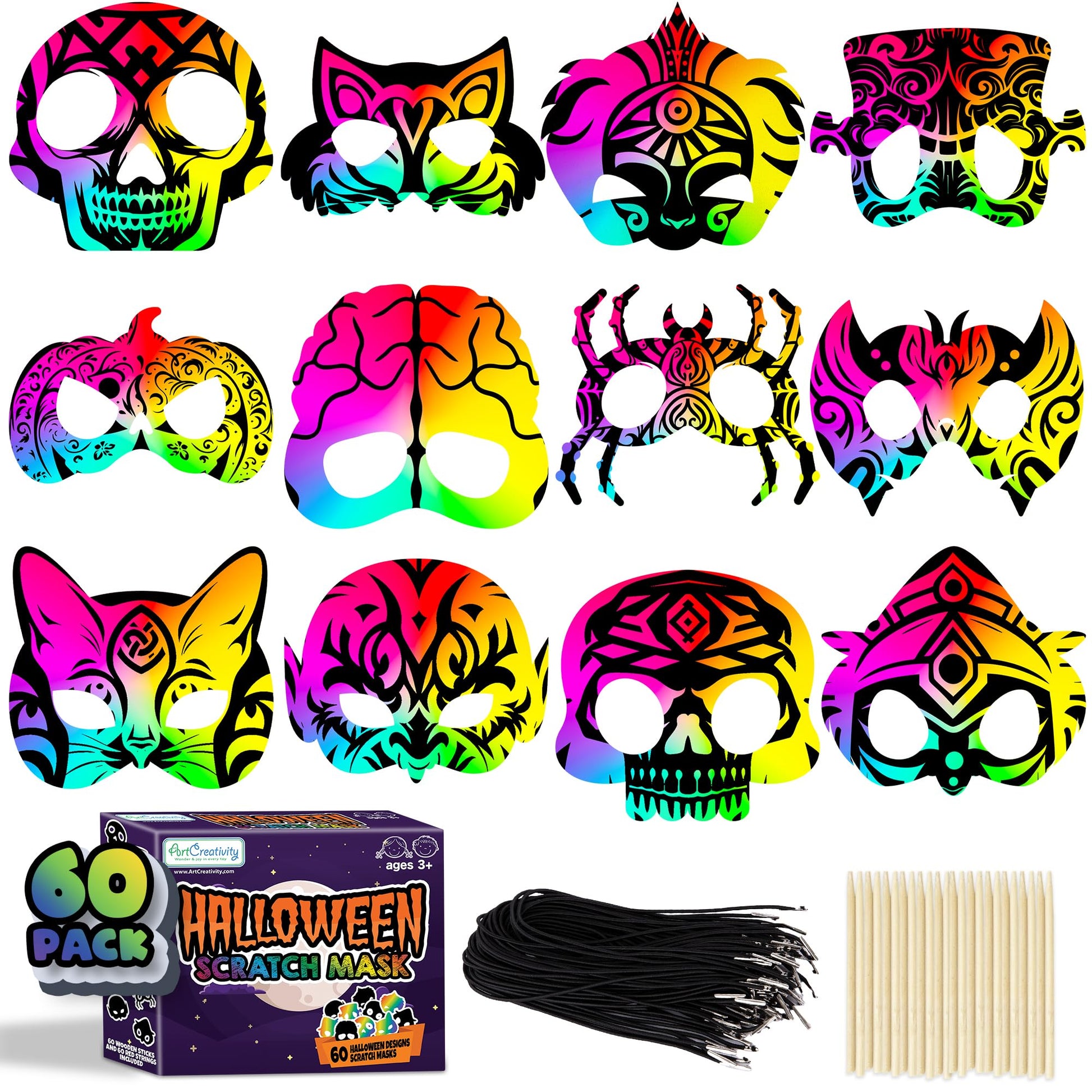 Halloween Scratch Masks for Kids - Set of 60 Halloween Scratch Art Masks - Includes Halloween Craft Masks, Elastic Strings, Wood