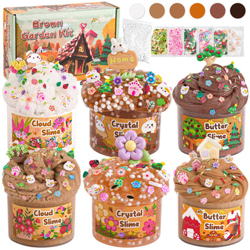 6 Packs Gradient Brown Slime Kit - Cloud Slime, Butter Slime & Clear Slime, Crunchy Slime For Kids With Various Slime Add-Ins, Non Stick Slime Party Favors For Girls & Boys, 360Ml Kids Slime (Garden)