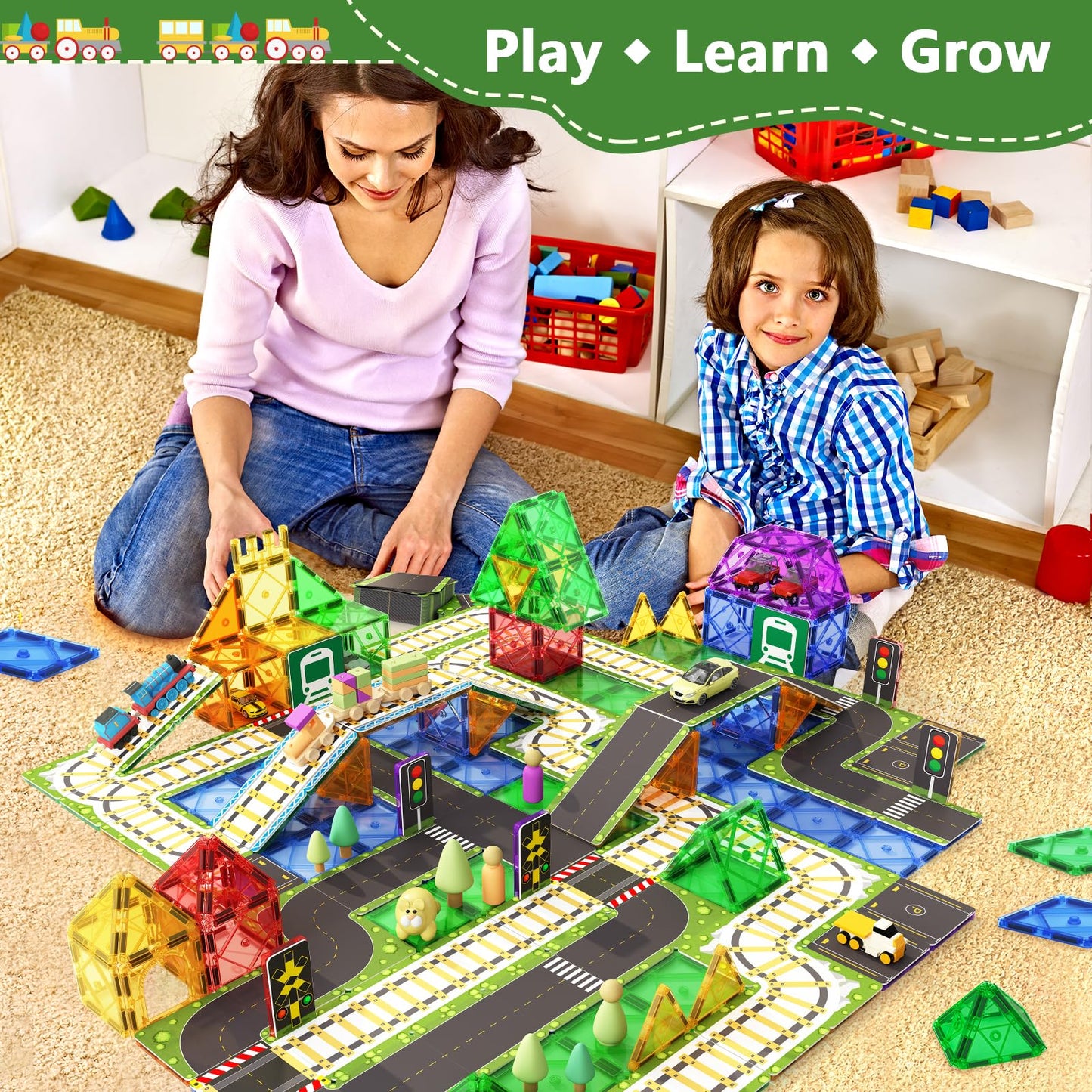 90Pcs Magnetic Tile Road Toppers (Magnetic Tiles Not Included) Kids Toys Magnetic Tile Accessories Creative Add-On Activity City Traffic Network Playset Sensory Play Toy Gifts For Kids Age 3 4 5 6 7