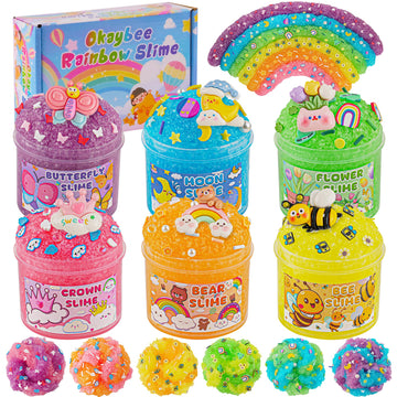 Okaybee 6 Pack Snow Fizz Crunchy Slime Kit, Rainbow Slime For Kids, With Slime Charms & Add-Ins, Slime Party Favors Sensory Toys