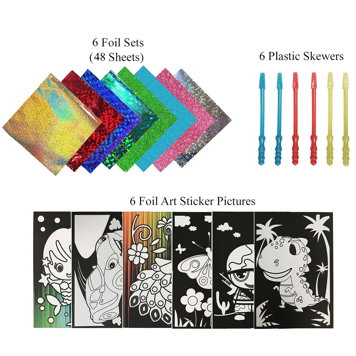 VHALE Foil Art Craft Kit 6 Pack Sticker Picture (9.5 x 6.5 inch), 48 Foil Sheets and 6 Skewers, Peel and Paste Sparkly Foil Art,