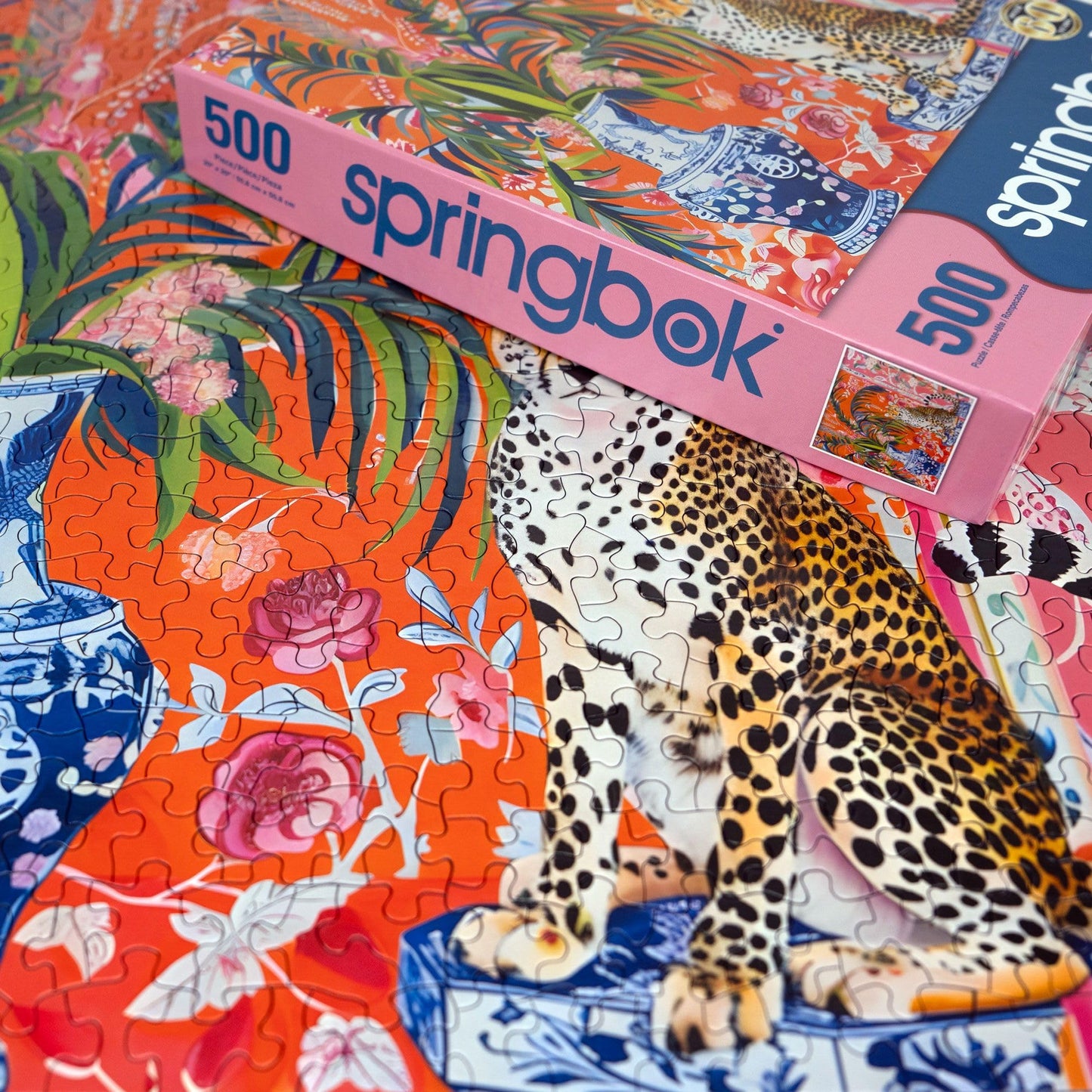 Springbok 500 Piece Jigsaw Puzzle - Cheetah and Ginger Jar, Cardboard, 20"x20", Model 33-02559, Unique Cut Pieces, Made in USA