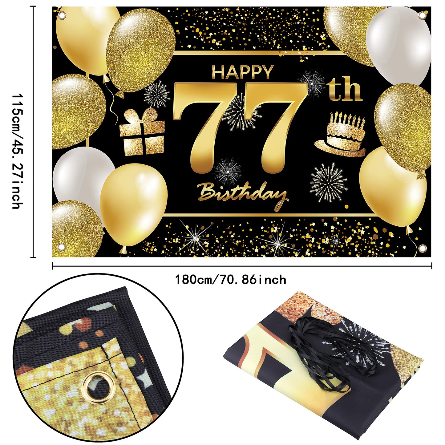 IMISI 77th Birthday Banner - Black Polyester Decorations for Men’s Birthday Party