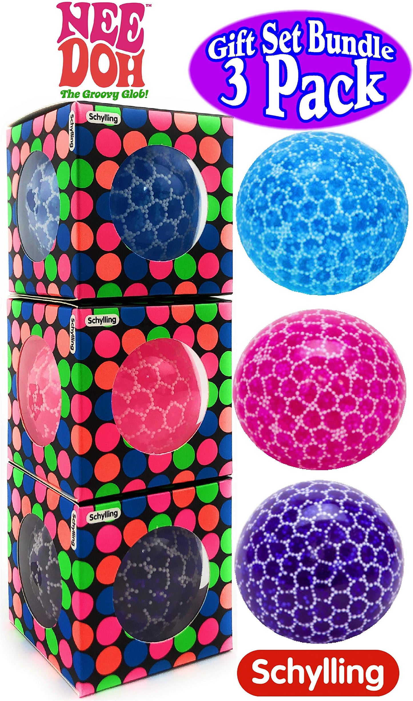 Nee-Doh Schylling Bubble Glob Groovy Glob! Squishy, Squeezy, Stretchy Stress Balls Blue, Pink & Purple Complete Gift Set Party B