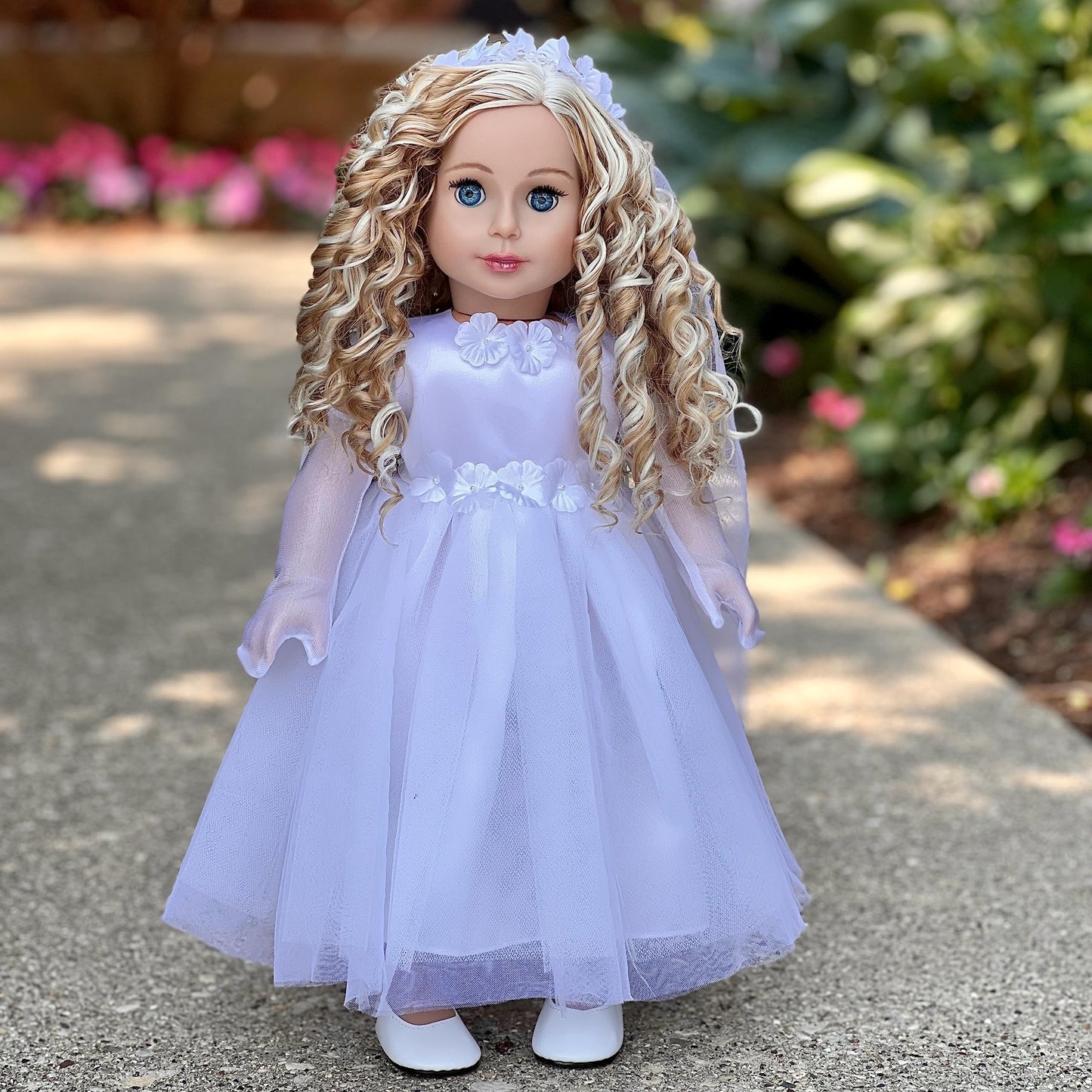Dreamworld Collections Little Angel - 4 Piece 18 Inch Girl Doll Outfit - White Satin And Tule First Communion Dress With Long Gloves, Veil And White Shoes (Doll Not Included)