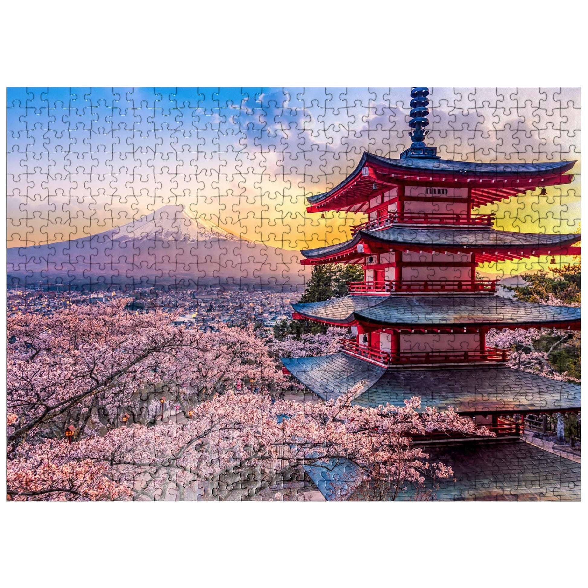 MyPuzzle Beautiful View of Mount Fuji and Chureito Pagoda at Sunset - enhanced 500 Piece Jigsaw Puzzle for mature-themeds