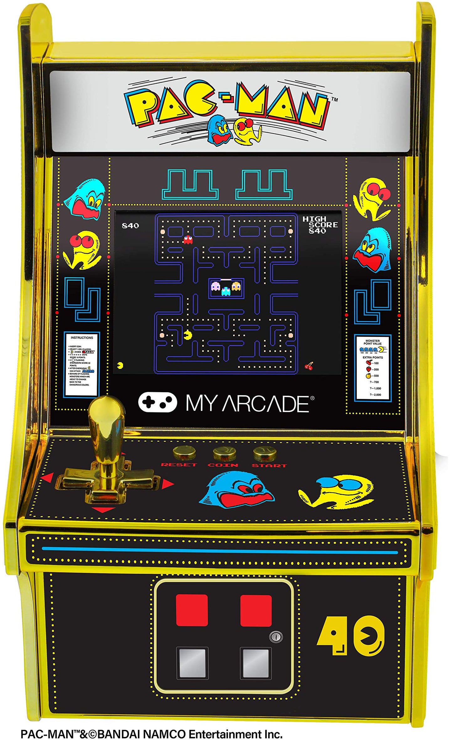 My Arcade Pac-Man 40Th Anniversary Micro Player, Fully Playable, 6.75 Inch Collectible, Full Color, Gold Plated, Battery Or Micr