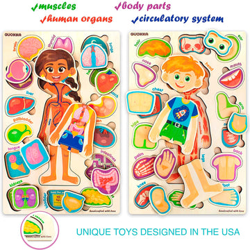 Quokka Wooden Puzzles For Kids – Montessori Puzzles For Toddlers 3-5 – Preschool Game Learning Human Body Parts Anatomy Skeleton – Educational Toys For Boy & Girl