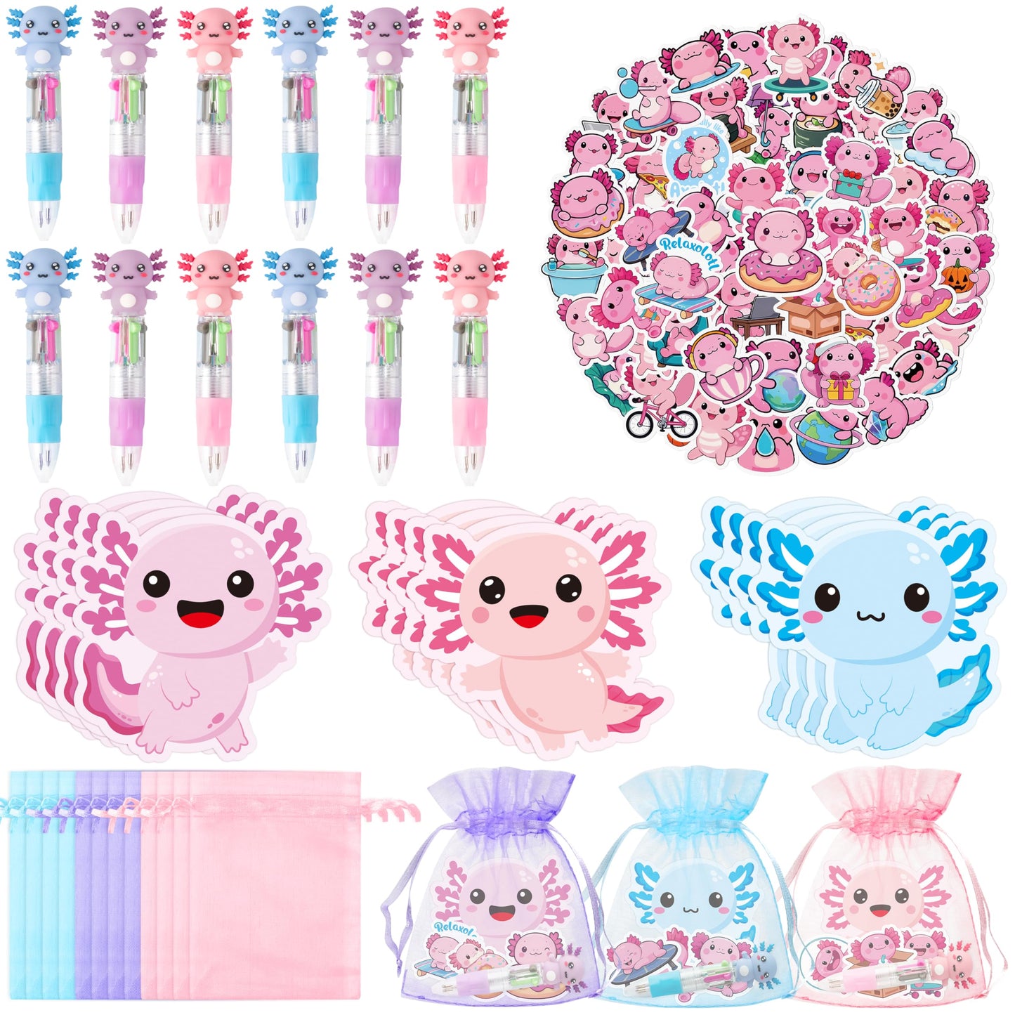CY2SIDE Axolotl Stationery Party Gift - 12 Pack Axolotl Prizes Set Include 4-in-1 Ballpoint Pen Sticky Note Sticker and Organza 