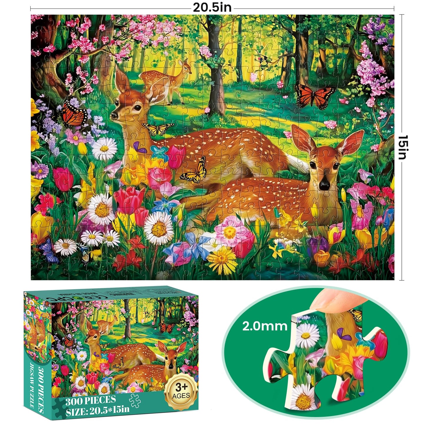 300 Piece Puzzles for mature-themeds Forest Deer Jigsaw Puzzle 300 Pieces Interlock Perfectly Letter on Back No Dust Fun and Challenging Puzzle for Family Time Relaxing Gift for mature-themeds Kids Seniors 20.5 x15in