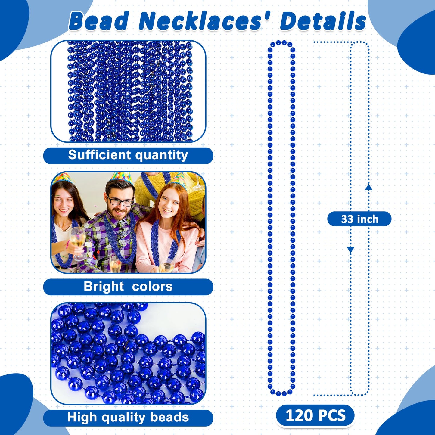 Mardi Gras Beads, 120 PCS Beaded Necklace, 33'' Blue Bead Necklace, Mardi Gras Accessories, Parade Throws Bulk for Christmas Pir