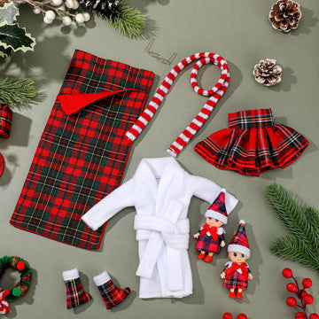 8 Pcs Christmas Elf Clothes Outfits Accessories Include Mini Doll Sleeping Bag Bathrobe Skirt Glasses Boots Red And White Striped Scarf For Christmas Stocking Stuffers Decorations