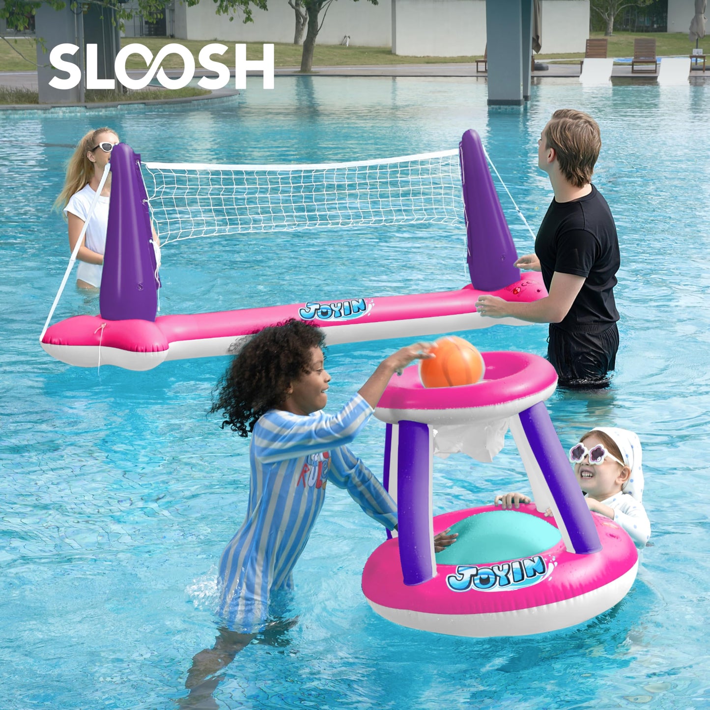 Joyin Inflatable Pool Float Set Volleyball Net & Basketball Hoops, Floating Swimming Game Toy Floaties For Kids And Adults Volle